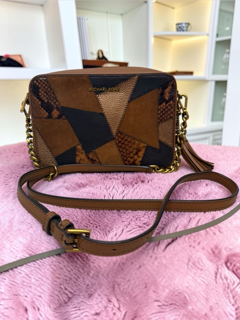 Michael Kors Patchwork Brown & Black Leather Crossbody Bag